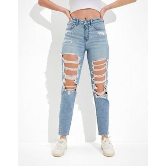 American Eagle Outfitters Denim - American Eagle Ripped Mom Jeans Light Wash High Rise Stretch 2